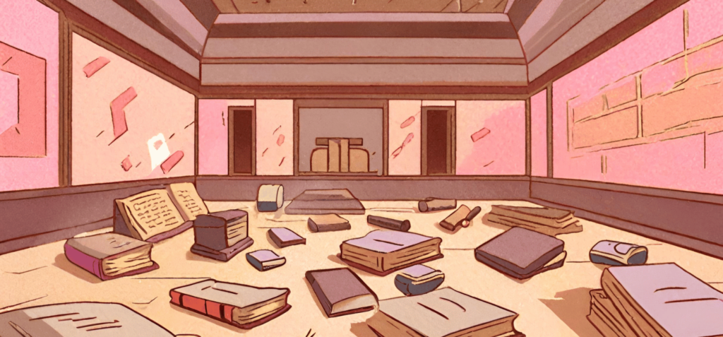 Stone library room with books and scrolls littered across the floor