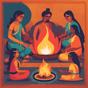 flat styled illustration of a family of six performing a yagna