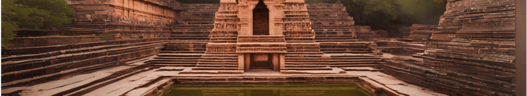 photorealistic rendition of an ancient stonework hindu temple exterior leading down to the reflection pool